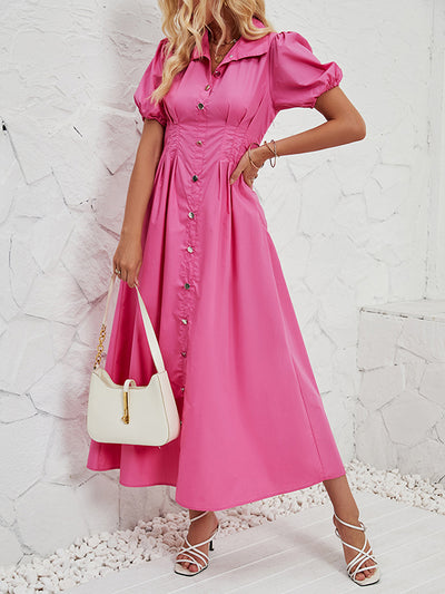 Loose Puff Sleeves Pleated Split-Joint Lapel Maxi Dresses Shirt Dress