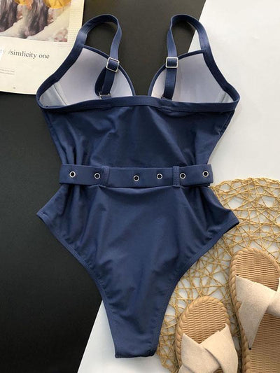 Solid Color Underwired Belted One-Piece Swimwear