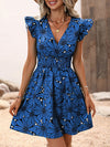 A-Line Loose Elasticity Flower Print V-Neck Mini Dresses