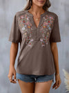 Half Sleeves Loose Embroidered Split-Joint V-Neck T-Shirts Tops