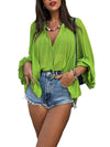 Long Sleeves Loose Elasticity Pleated Solid Color V-Neck Blouses&Shirts Tops