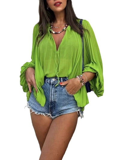 Long Sleeves Loose Elasticity Pleated Solid Color V-Neck Blouses&Shirts Tops