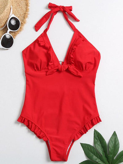 Solid Color Ruffled Bandage One-Piece Swimwear