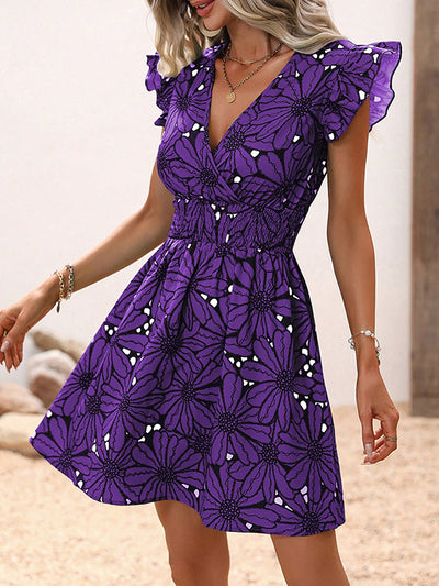 A-Line Loose Elasticity Flower Print V-Neck Mini Dresses