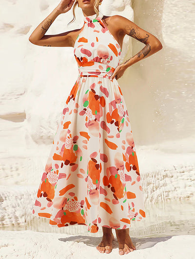 A-Line Loose Pleated Printed Split-Joint Halter-Neck Midi Dresses