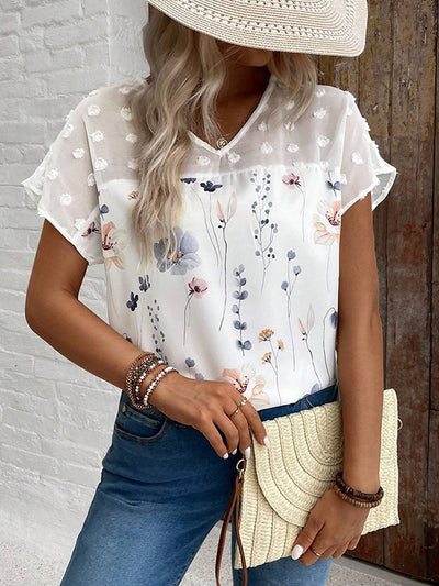 Loose Short Sleeves Flower Print Jacquard Split-Joint V-Neck T-Shirts Tops