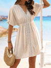 Batwing Sleeves Loose Elasticity See-Through Split-Joint V-Neck Mini Dresses