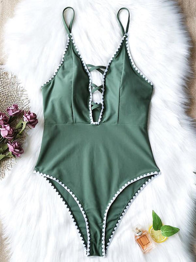 Solid Color Crochet-Knit One-Piece Swimwear