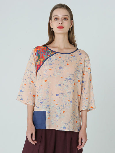 Plus Size Flower Prints Drop Shoulder Spring Patchwork Women T Shirt M-2XL