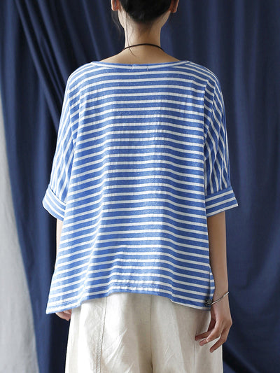 Women Summer Casual Stripe Loose O-Neck Shirt