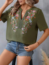 Half Sleeves Loose Embroidered Split-Joint V-Neck T-Shirts Tops