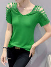 Loose Raglan Sleeve Hollow Rhine Stones Solid Color Split-Joint V-Neck T-Shirts Tops