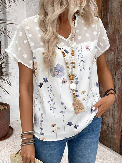 Loose Short Sleeves Flower Print Jacquard Split-Joint V-Neck T-Shirts Tops