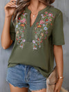 Half Sleeves Loose Embroidered Split-Joint V-Neck T-Shirts Tops