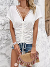 Loose Short Sleeves Backless Drawstring Pleated See-Through Solid Color Tied Deep V-Neck T-Shirts Tops