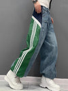 Loose Wide Leg Contrast Color Drawstring Elasticity Fringed Split-Joint Jean Pants Bottoms