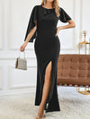 A-Line Bodycon Asymmetric Ruffle Trim Solid Color Split-Front Split-Joint Round-Neck Maxi Dresses