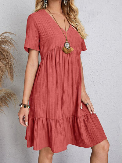 A-Line Loose Pleated Solid Color Split-Joint V-Neck Mini Dresses