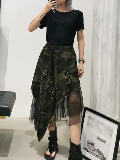 A-Line Loose Asymmetric Camouflage Elasticity Fringed Mesh Split-Joint Skirts Bottoms