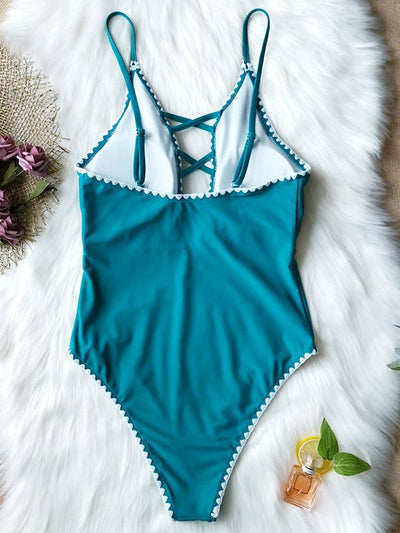 Solid Color Crochet-Knit One-Piece Swimwear