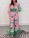 Flared Sleeves Loose Printed Split-Joint Triple Layered V-Neck Jumpsuits