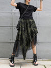 A-Line Loose Asymmetric Camouflage Elasticity Fringed Mesh Split-Joint Skirts Bottoms