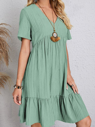 A-Line Loose Pleated Solid Color Split-Joint V-Neck Mini Dresses