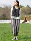 Plus Size Women Retro Stripe Yarn-dyed Pocket Linen Harem Pants