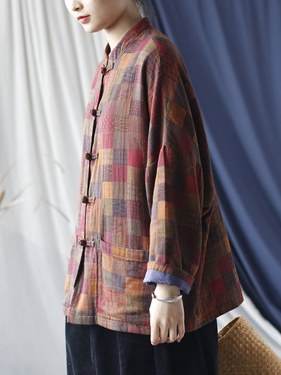 Women Vintage Spring Plaid Cotton Shirt Coat