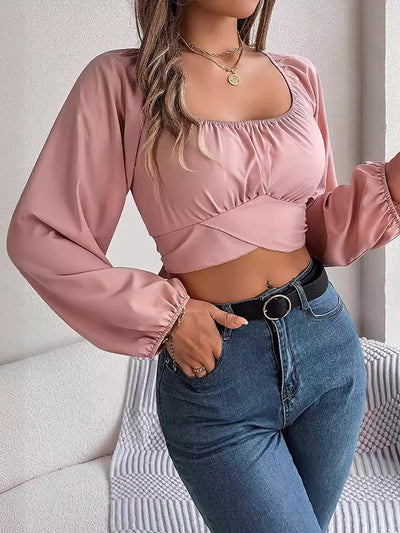 Long Sleeves Puff Sleeves Elasticity Pleated Solid Color Split-Joint Square-Neck Blouses&Shirts Tops