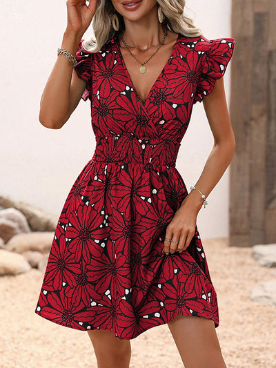 A-Line Loose Elasticity Flower Print V-Neck Mini Dresses