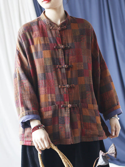 Women Vintage Spring Plaid Cotton Shirt Coat