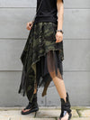 A-Line Loose Asymmetric Camouflage Elasticity Fringed Mesh Split-Joint Skirts Bottoms