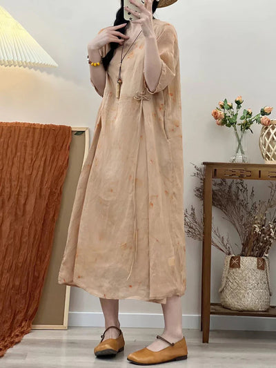 Plus Size Women Rerto Summer Print Loose Travel Ramie Dress