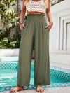 Loose Wide Leg Elasticity Pockets Ruffle Trim Solid Color Pants Trousers