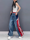 Loose Wide Leg Contrast Color Drawstring Elasticity Fringed Split-Joint Jean Pants Bottoms