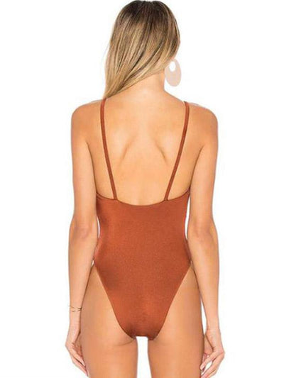 Solid Color Spaghetti-Neck One-Piece Swimwear