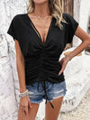 Loose Short Sleeves Backless Drawstring Pleated See-Through Solid Color Tied Deep V-Neck T-Shirts Tops