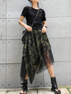 A-Line Loose Asymmetric Camouflage Elasticity Fringed Mesh Split-Joint Skirts Bottoms