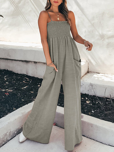 High Waisted Loose Elasticity Pleated Pockets Split-Joint Spaghetti-Neck Jumpsuits