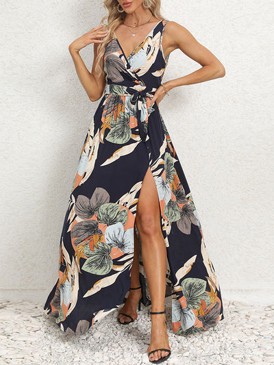 A-Line Loose Flower Print Pleated Split-Front Tied Waist V-Neck Maxi Dresses