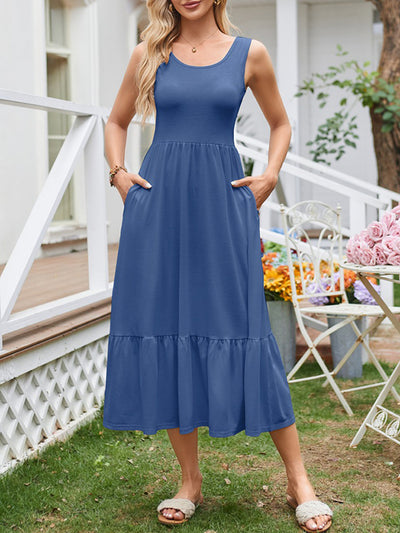 A-Line Loose Pleated Pockets Solid Color Split-Joint Round-Neck Midi Dresses