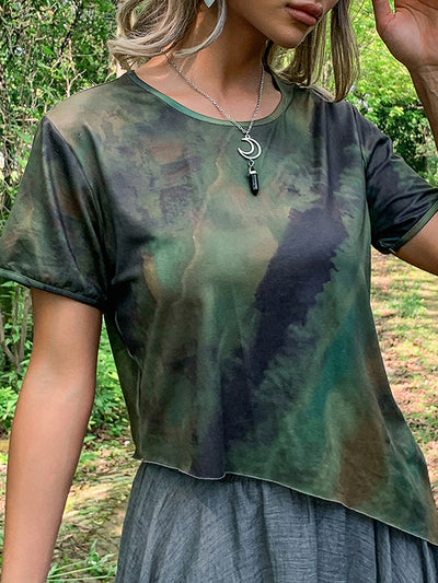 Irregular Clipping Short Sleeves Asymmetric Split-Joint Tie-Dyed Round-Neck T-Shirts