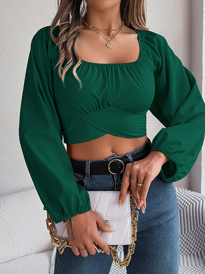 Long Sleeves Puff Sleeves Elasticity Pleated Solid Color Split-Joint Square-Neck Blouses&Shirts Tops