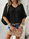 Batwing Sleeves Half Sleeves Hollow See-Through Solid Color V-Neck Sweater Tops