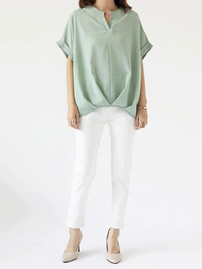 Batwing Sleeves Loose Pleated Solid Color Split-Joint Round-Neck Blouses&Shirts Tops