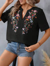 Half Sleeves Loose Embroidered Split-Joint V-Neck T-Shirts Tops