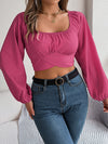 Long Sleeves Puff Sleeves Elasticity Pleated Solid Color Split-Joint Square-Neck Blouses&Shirts Tops