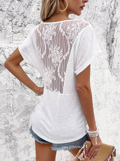 Loose Short Sleeves Backless Drawstring Pleated See-Through Solid Color Tied Deep V-Neck T-Shirts Tops