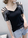 Loose Raglan Sleeve Hollow Rhine Stones Solid Color Split-Joint V-Neck T-Shirts Tops